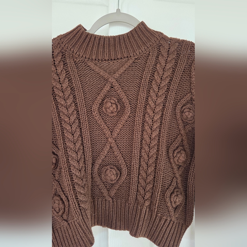 Forever 21 Chunky Cable Knit Mock Neck Sweater Chocolate Brown Textured Pattern